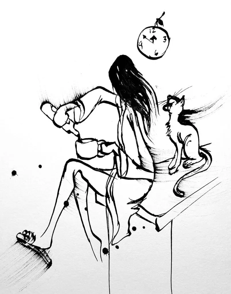 lockdown drawing of lady having a wine with cat