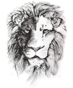 black and white ink artwork of a Lion