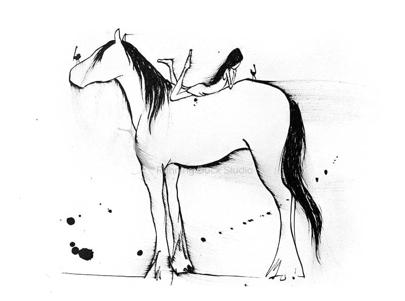 drawing of a girl laying on a horse