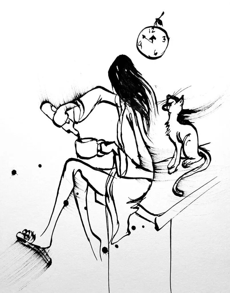 lockdown drawing of lady having a wine with cat