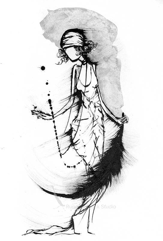 Drawing of vintage Flapper dancing with a feather