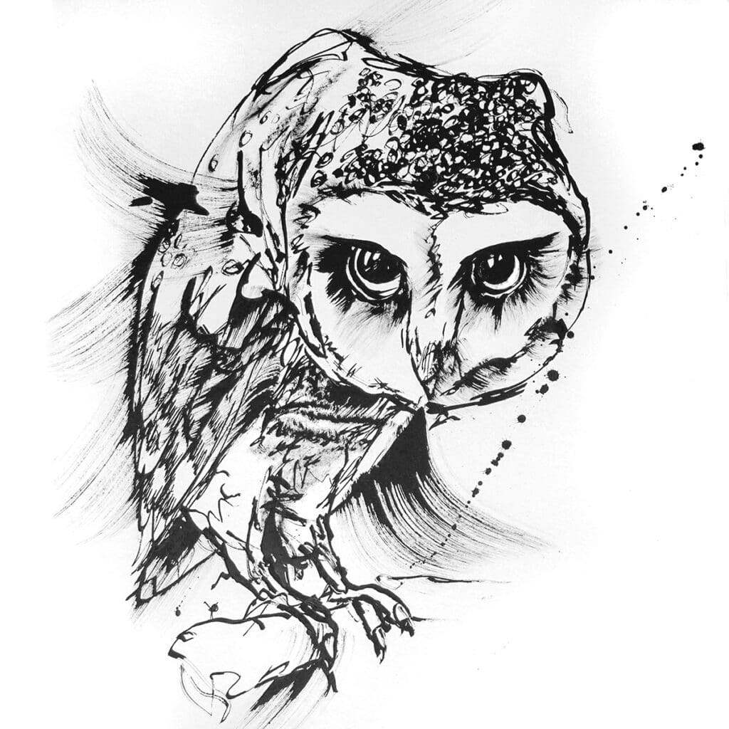 Black and white animal drawings of owl painting