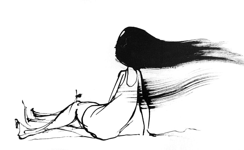 Black and white drawing of a girl sitting with her hair blowing in the wind