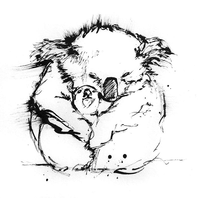 Black and white drawing of mother and baby koala