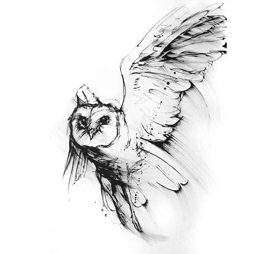 Silent Night, beautiful owl flying Drawing of a flying owl in black and white