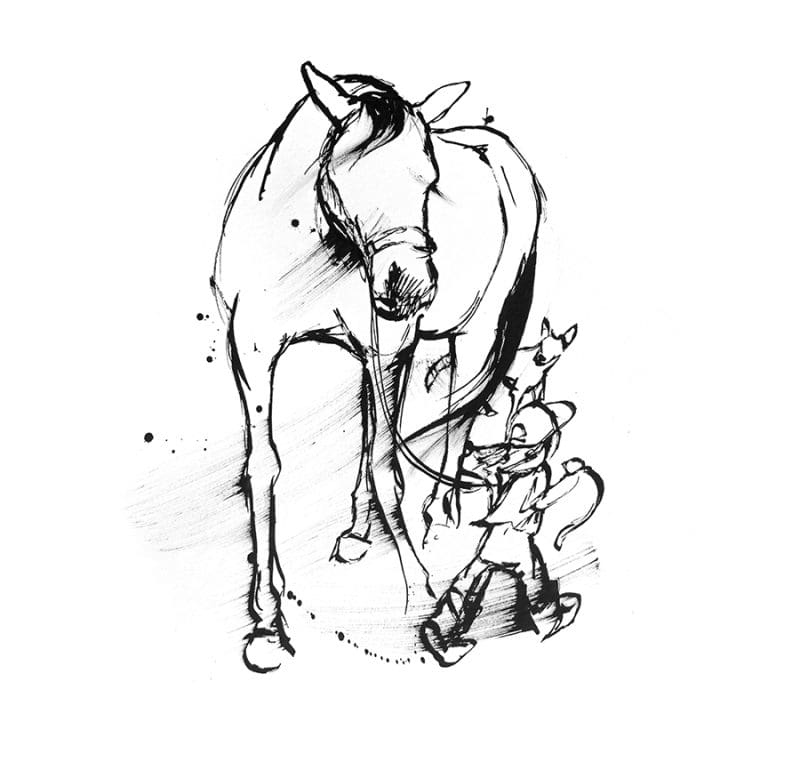 drawing of a girl with a dog and horse