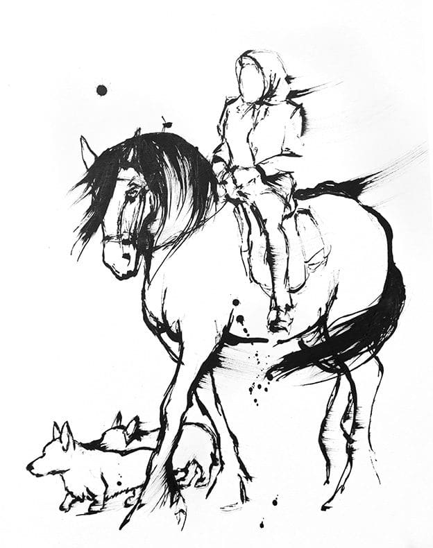 black and white drawing of Queen Elizabeth on a horse