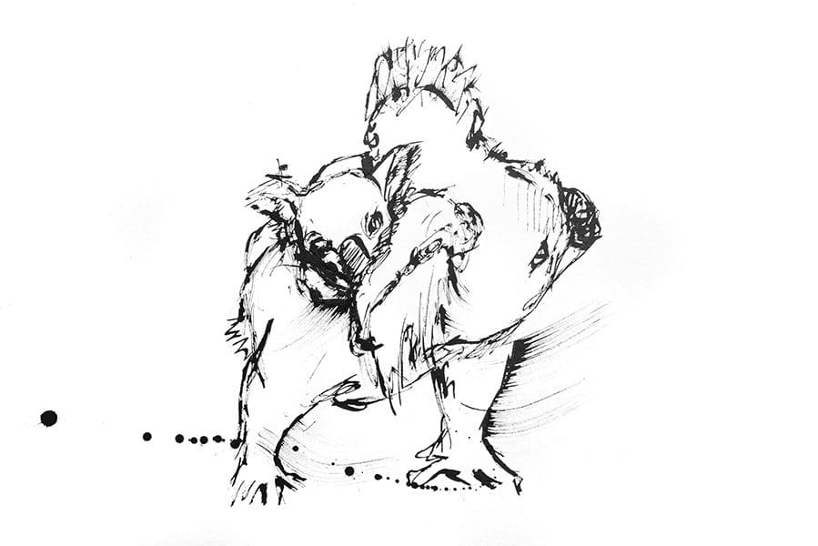 Black and white drawing of a koala walking with a koala baby on her back