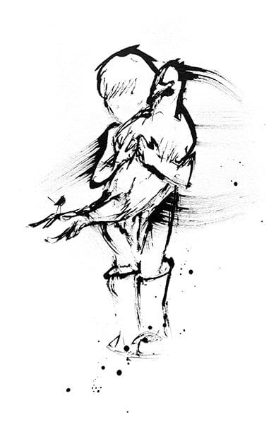 black and white drawing of a child hugging a chicken