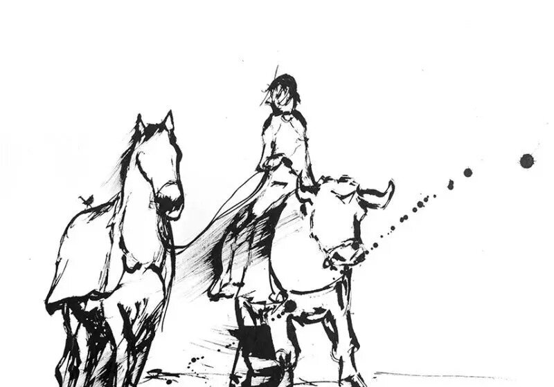 Black ink brush sketch of a person riding a horned cow next to a standing horse, with ink splatters on white.