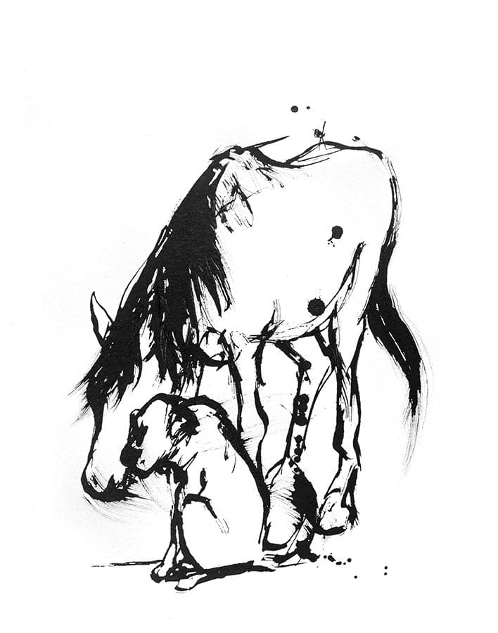 black and white painting of an old horse and dog