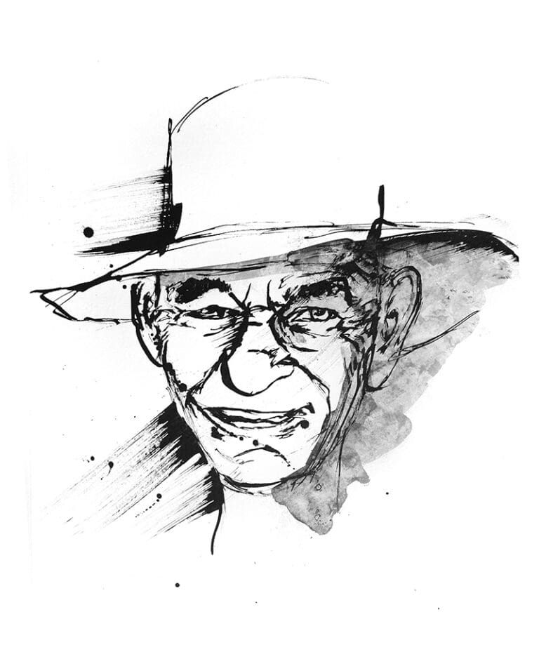 Black and White sketch of an Australian farmer in an Akubra hat