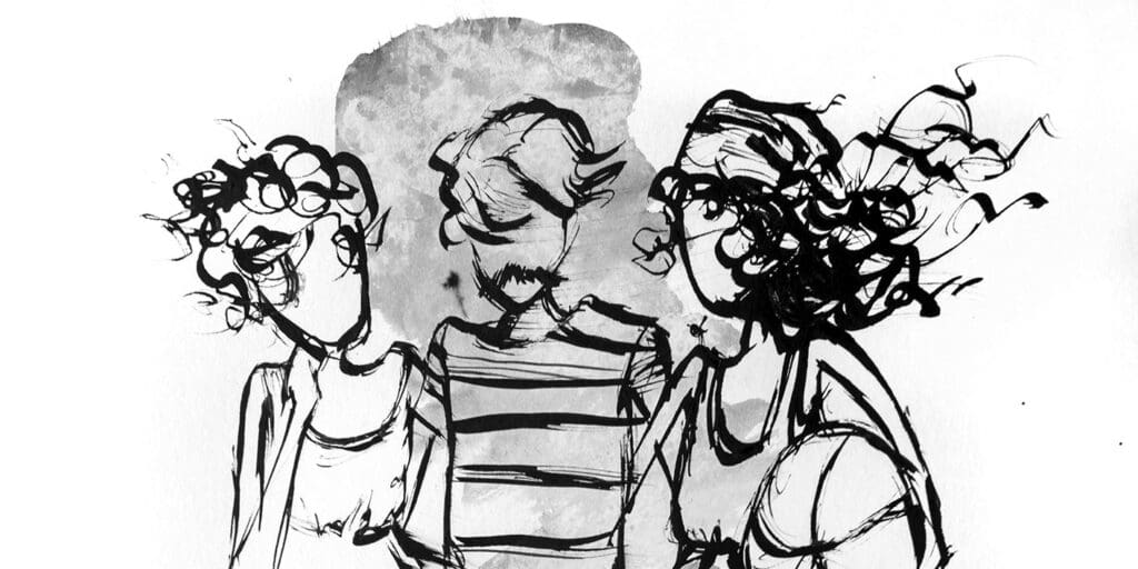 A black and white artwork of three people dressed in vintage swimwear