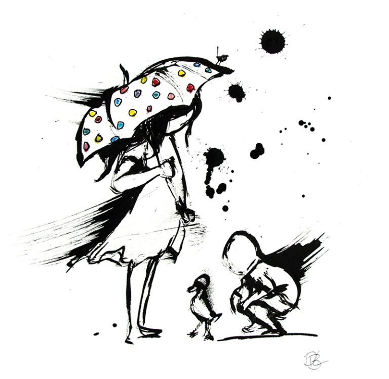 Black and white drawing of children playing in the rain