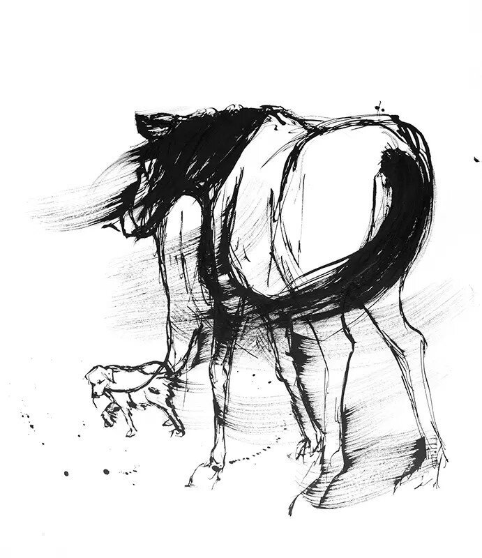 Black and white drawing of a dog leading a horse
