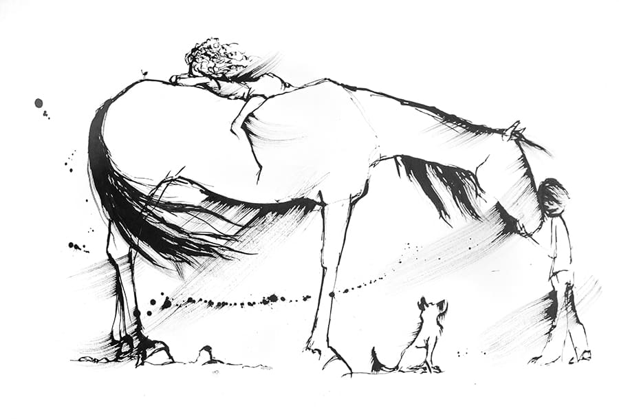 Black and White drawing of kids and a horse