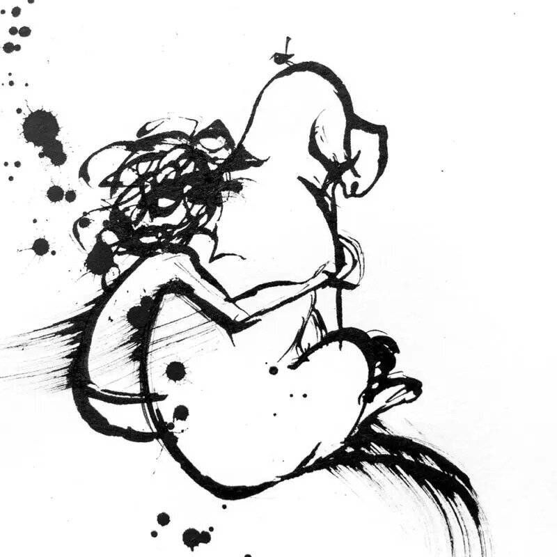 Black and white drawing of a child and a dog