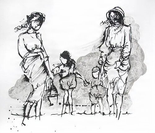 Black and white drawing of vintage family at beach