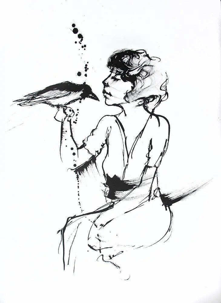Black and white drawing of a lady talking to a crow