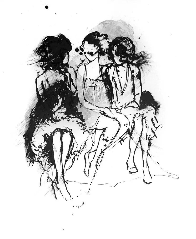 A sketch of three flappers from the 1920s, sitting together in a close group, with one of them whispering secrets to the others.