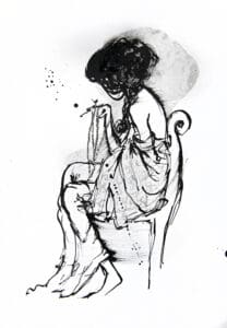 A woman in a flowing dress is depicted in a seated position, with her head tilted back and her eyes closed, surrounded by a ...