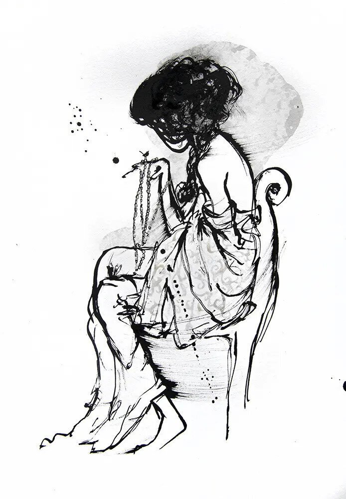 A woman in a flowing dress is depicted in a seated position, with her head tilted back and her eyes closed, surrounded by a ...