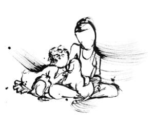 Black and white a drawing of a woman holding a baby with a puppy