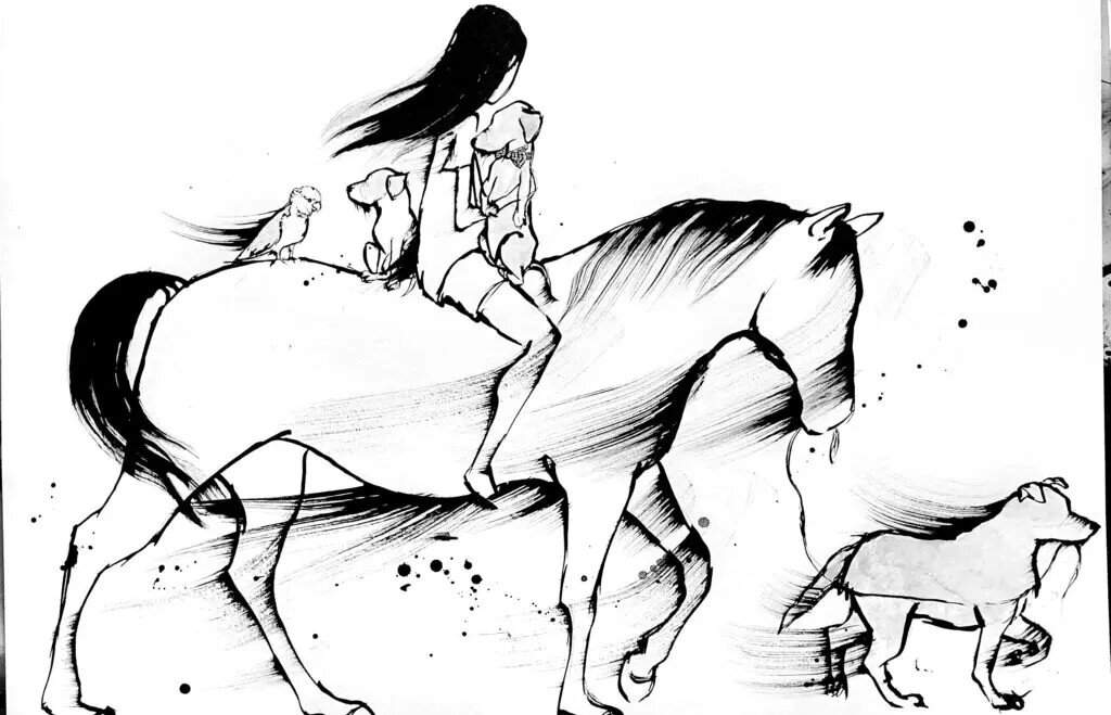 Black and White drawing of a girl on a horse with her pets