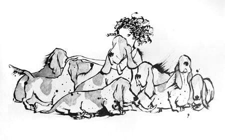 Black and white drawing of dogs