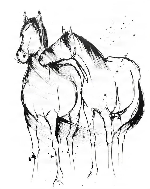 Black and white sketch of horses