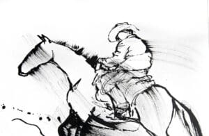 Black ink sketch of a horse and rider in motion, drawn with bold expressive lines and hatching, depicting rural working scene.