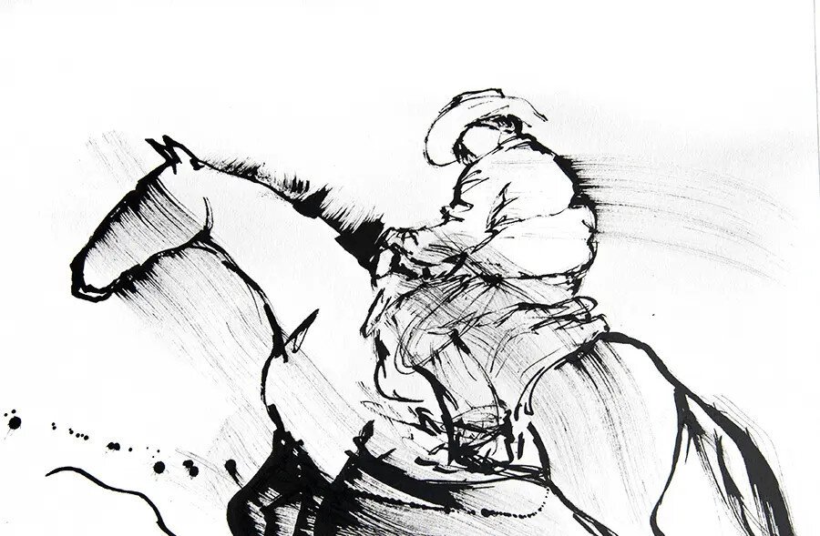 Black ink sketch of a horse and rider in motion, drawn with bold expressive lines and hatching, depicting rural working scene.