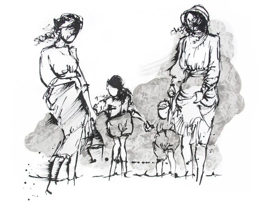 Black and white drawing of vintage family enjoying a day at the beach