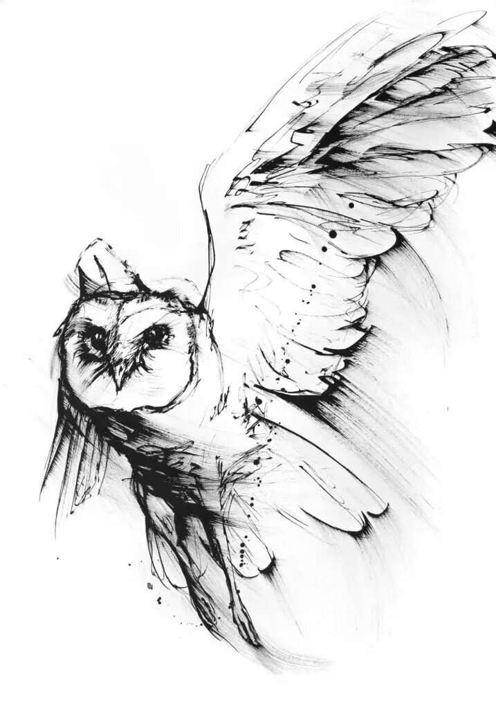 Black and white artwork of an owl flying