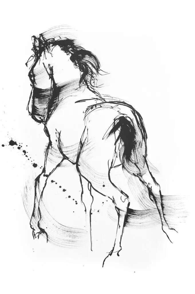 Black and white ink artwork of horse