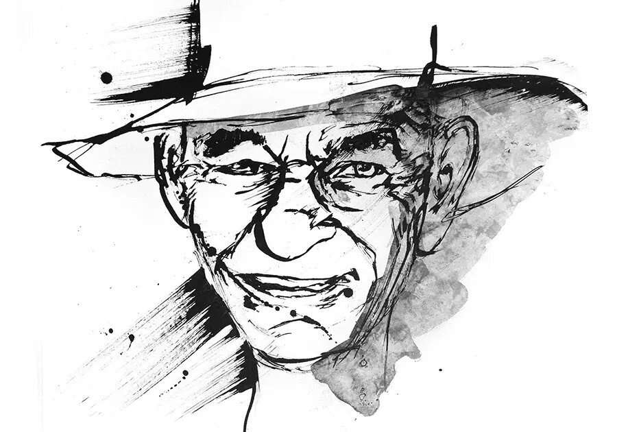 black and white artwork of a farmer in ink