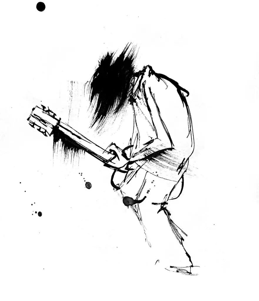 Black and white ink artwork of a musician playing a guitar