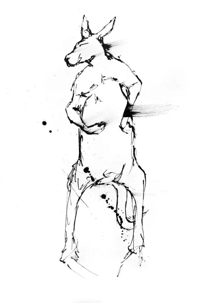Ink artwork of a funny kangaroo in black and white