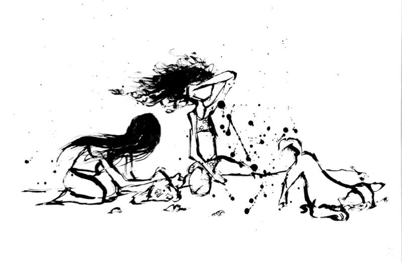 Beach Bliss black ink sketch of three figures sitting and lying on sand with loose brushstrokes and ink spatter.