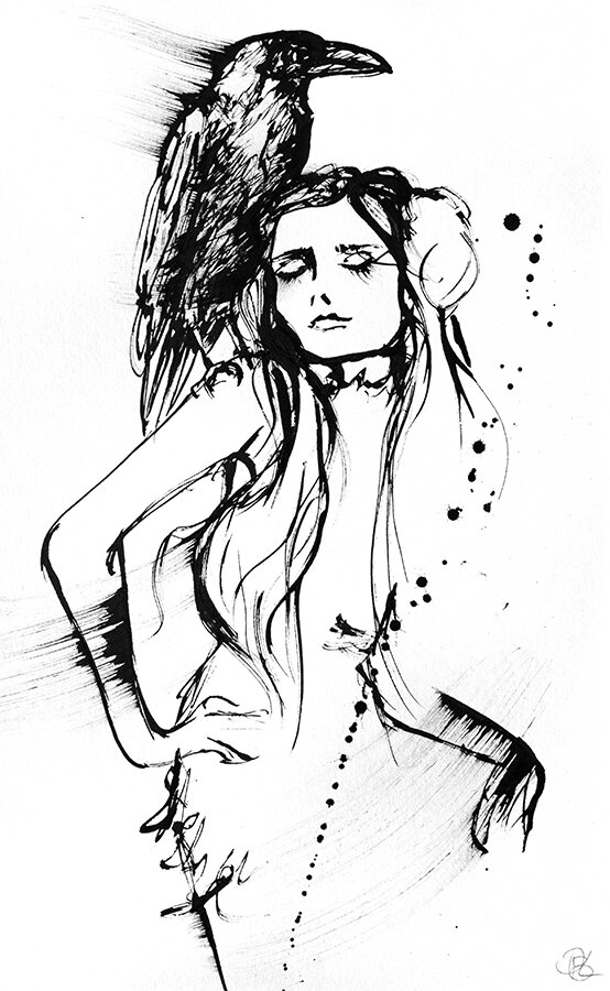 Black ink drawing titled Breathe of a woman with closed eyes and long hair, a raven perched on her shoulder, with ink splatters.