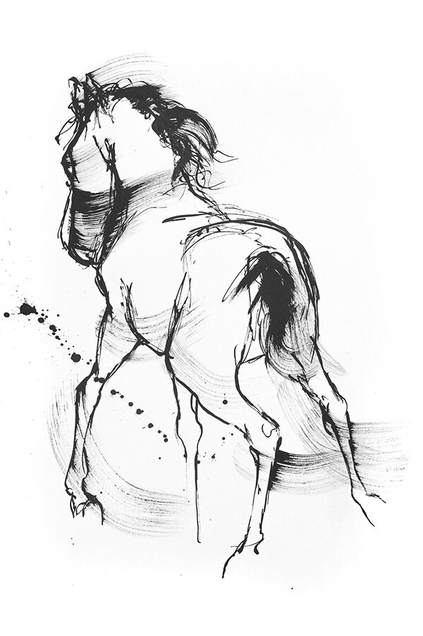Black ink sketch titled Certainty of a nude figure from behind, head tilted up, drawn in loose gestural brushstrokes with ink splatters.