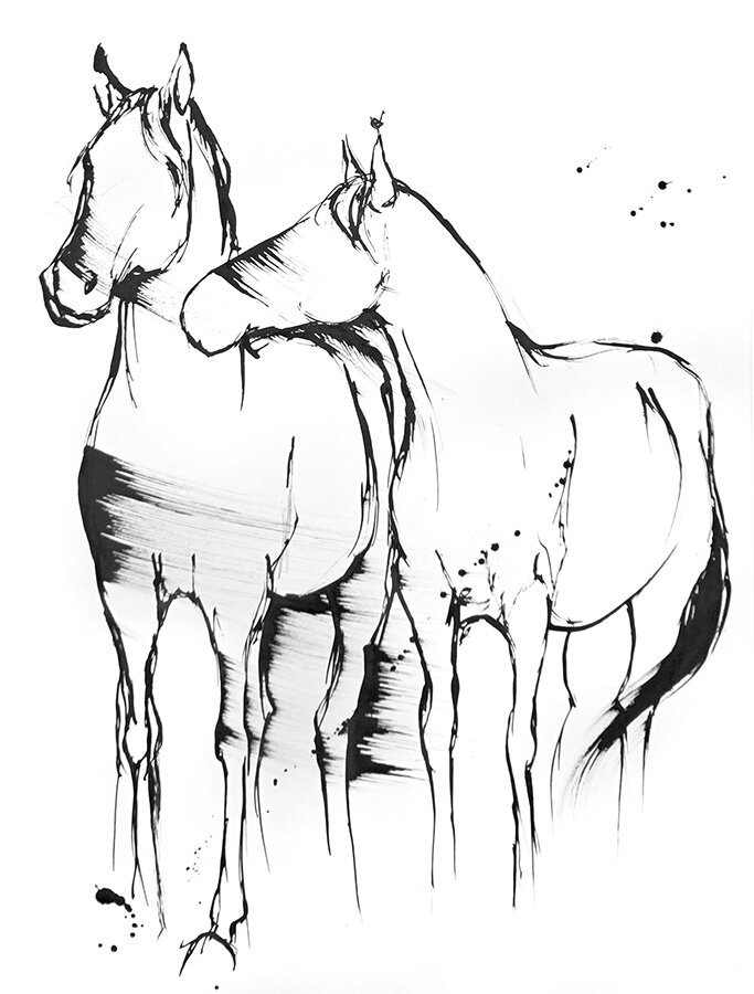 Black ink sketch of two horses standing side by side, drawn with loose gestural lines, drips and ink splatter on a white background.