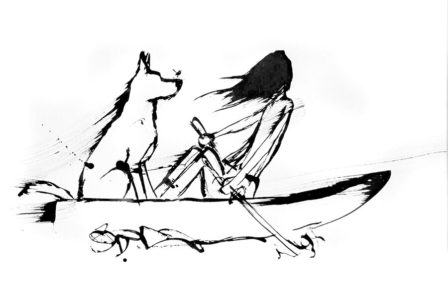 Black ink sketch titled Full Confidence showing a long-haired person rowing a canoe with a dog sitting at the front.