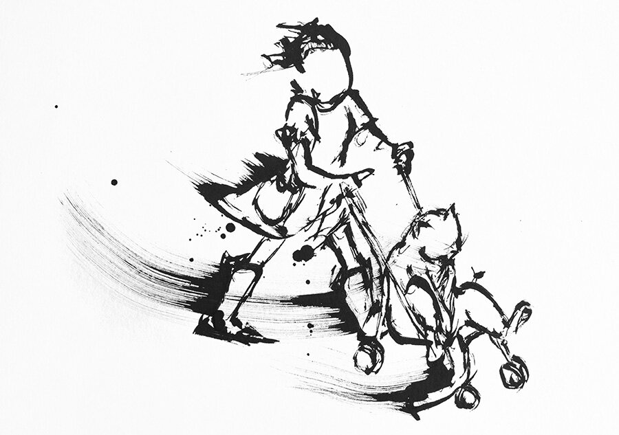 Black ink sketch titled Fur Baby Express of a child pushing a cat sitting in a pram, with loose brushstrokes and splatters.