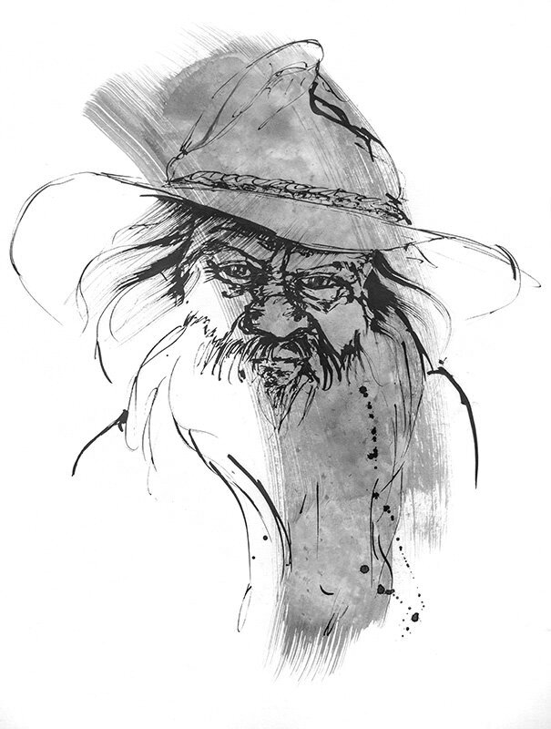 Black ink and grey wash portrait of an Indigenous elder with a long beard wearing a wide-brimmed bush hat.
