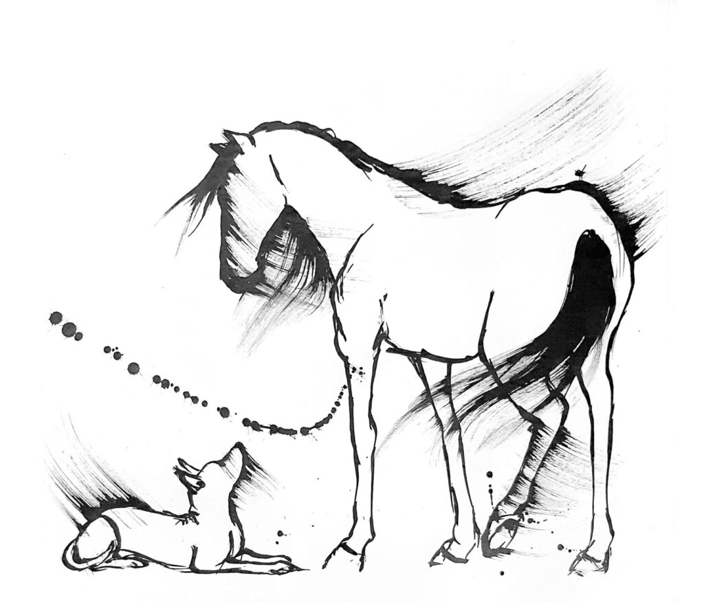 Black ink brush drawing of a tall horse standing over a small dog lying down and looking up at it, white background.