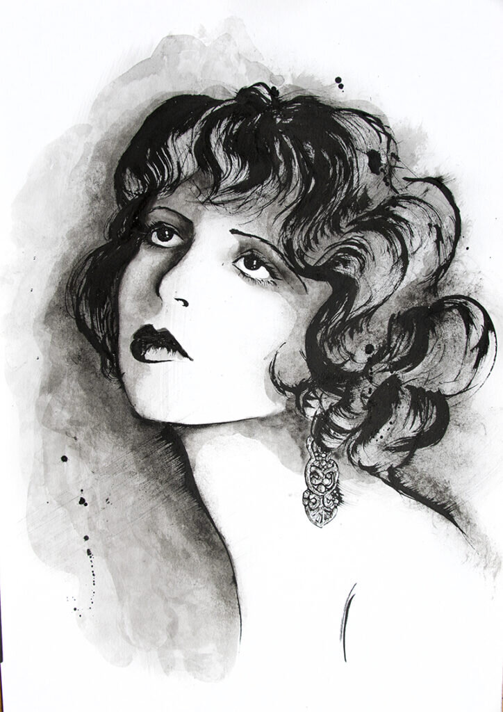 Searching For Self: black ink and watercolour portrait of a woman with wavy dark hair, dark lips, an ornate earring and a wistful expression.
