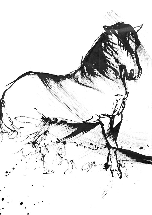 Black ink sketch named Turbulence of a horse with flowing mane, drawn in loose gestural strokes with ink splatters.