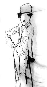 Ink sketch of Charlie Chaplin in bowler hat and suit, leaning on a cane, with ink splatters and grey wash shading.