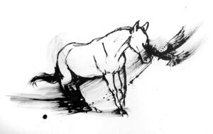 Black ink drawing of a horse with lowered head meeting a small bird in flight, with loose brushstrokes and ink spatter.